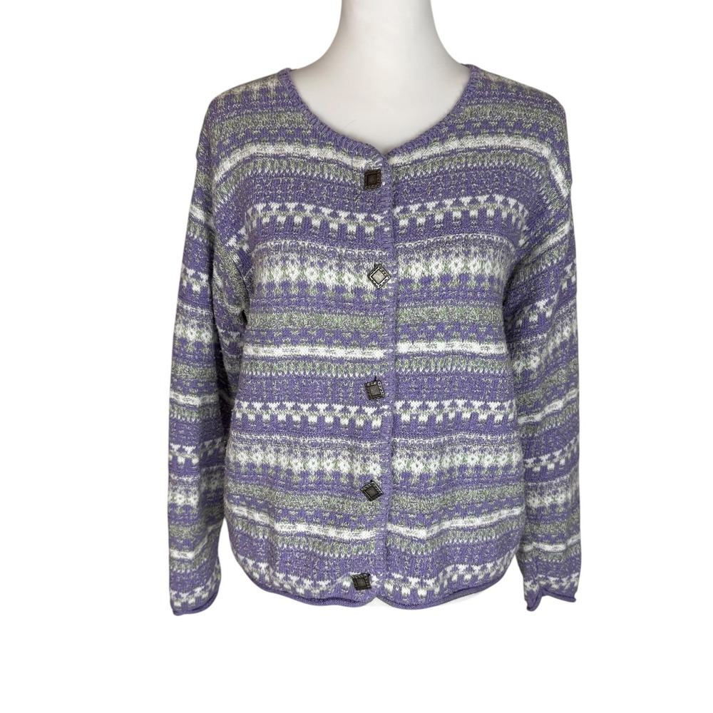 Alps Vintage Womens Fair Isle Cardigan Sweater Purple Green Size L Made in USA